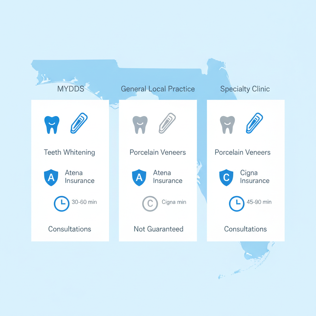 Infographic comparing cosmetic dentistry services from three providers in Kendall, Florida, showing procedure icons, insurance options, and consultation times.