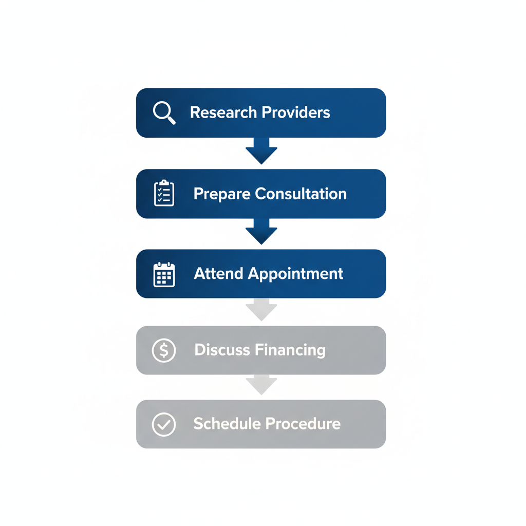Vertical process flow diagram illustrating five key steps to initiate cosmetic dentistry services in Kendall, Florida