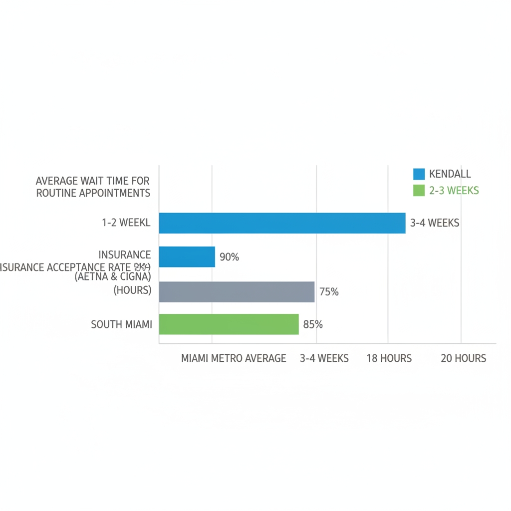 Horizontal bar chart comparing dental care access metrics in Kendall, Miami Metro average, and South Miami, including wait times, insurance acceptance, and emergency availability.