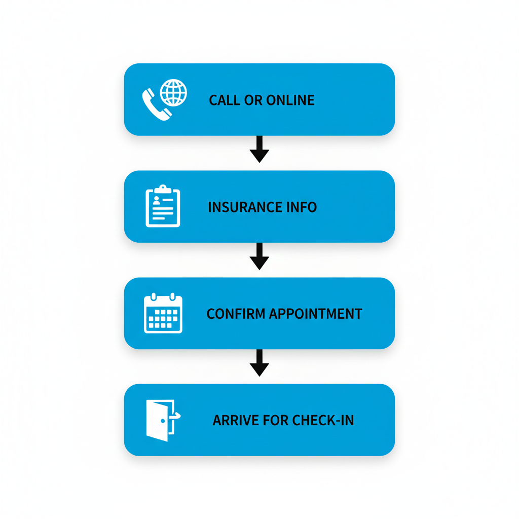Vertical process flow diagram showing four steps to book a dental appointment: call or online form, provide info, confirm, and arrive.