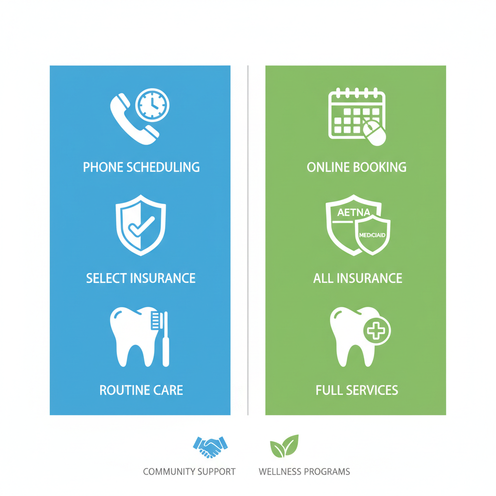 Infographic comparing typical local dental practices to advanced MYDDS services in Kendall, Florida