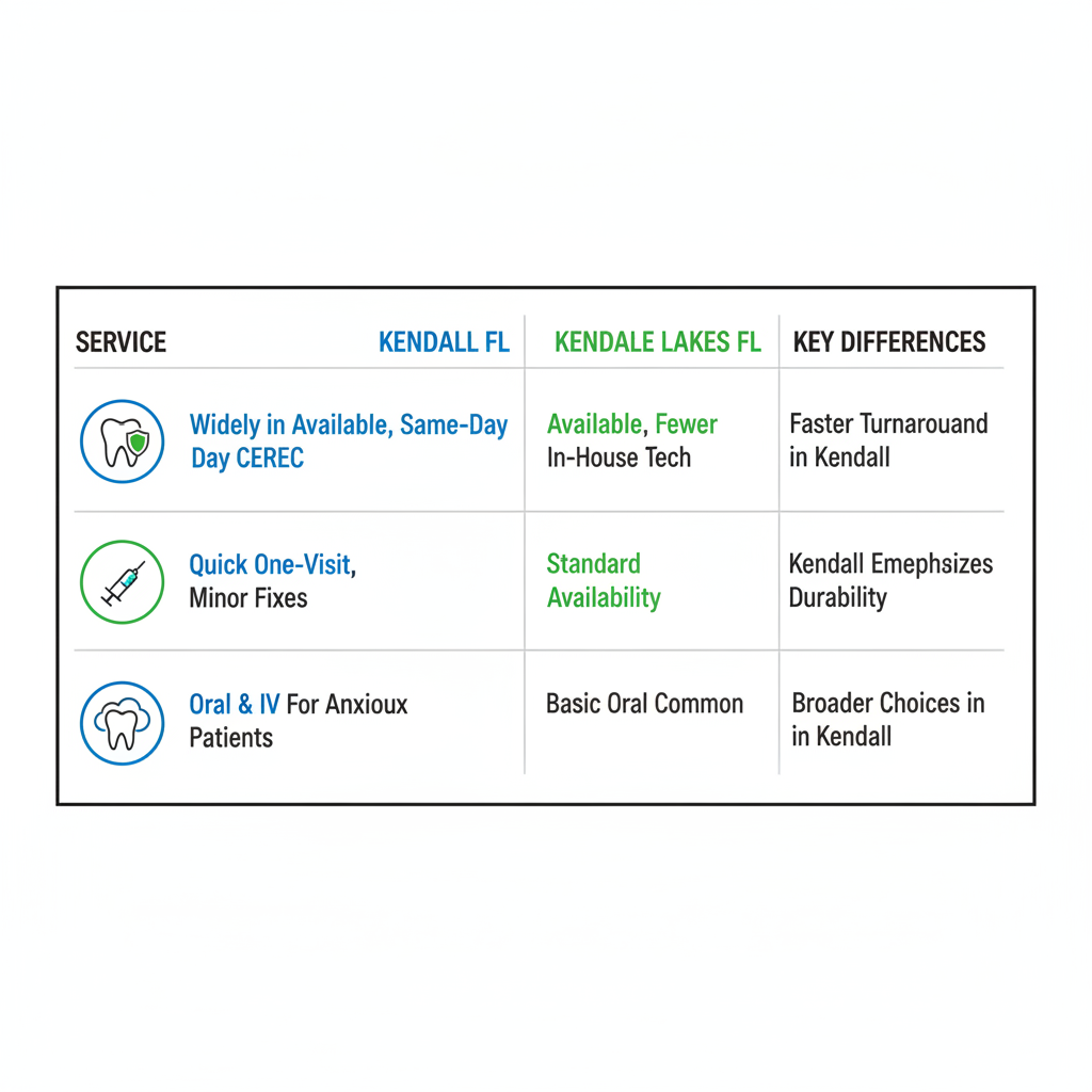 Infographic table comparing cosmetic dental services in Kendall and Kendale Lakes, Florida, highlighting availability and differences.