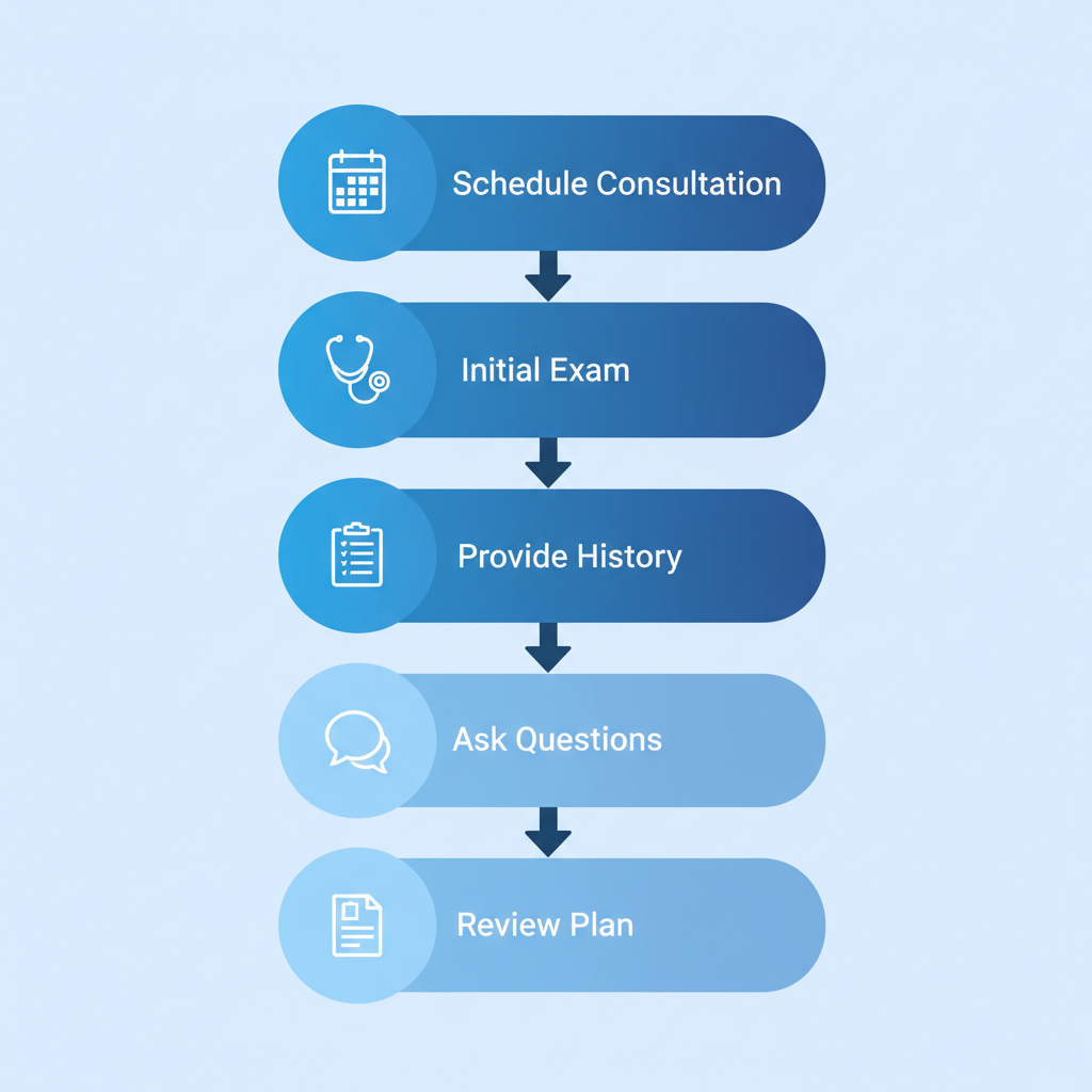 Vertical process flow diagram showing five steps to begin cosmetic dental journey: consultation scheduling, exam, history provision, questions, and plan review.