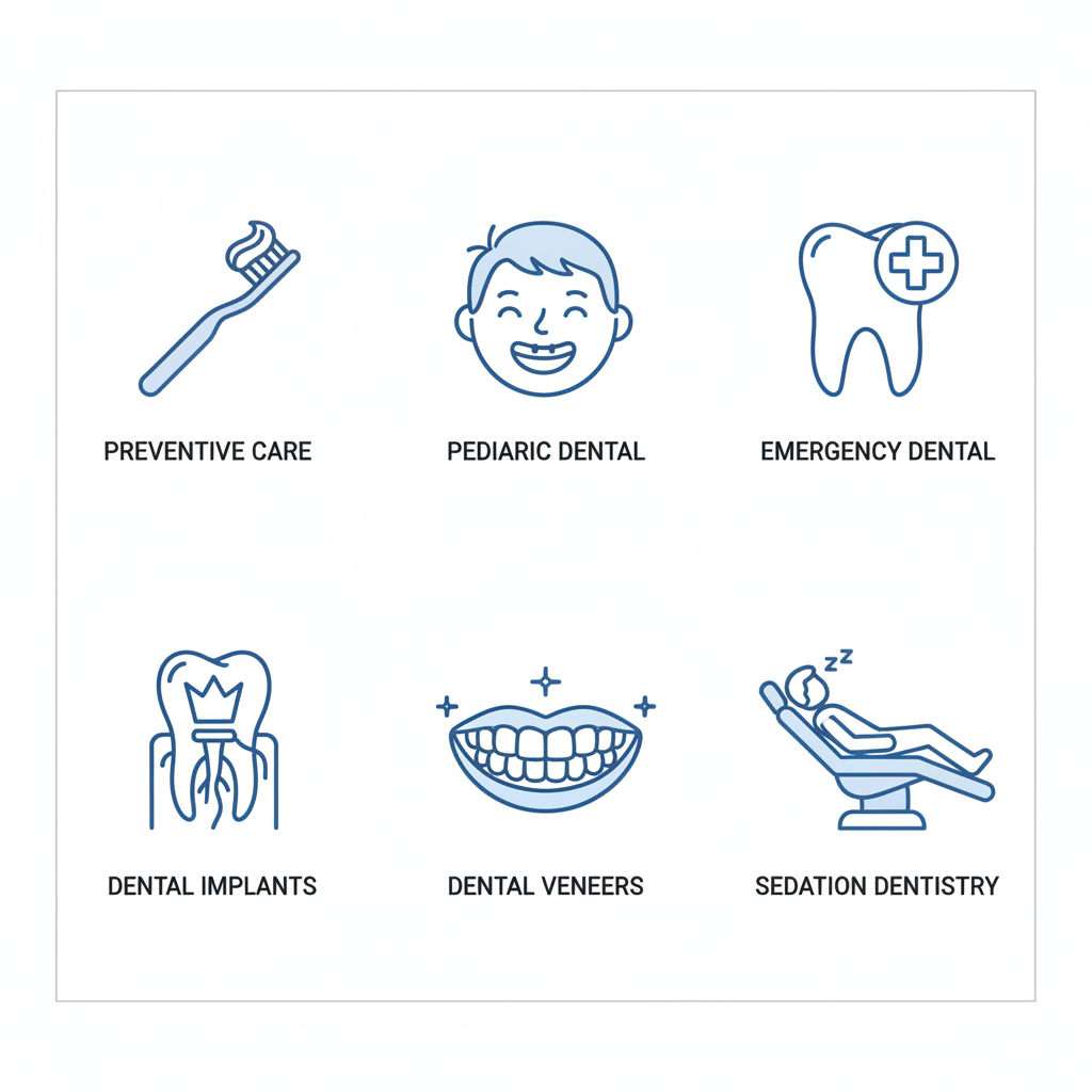 Grid of icons depicting family dental services: preventive cleanings, pediatric care, emergency dentistry, implants, veneers, and sedation.