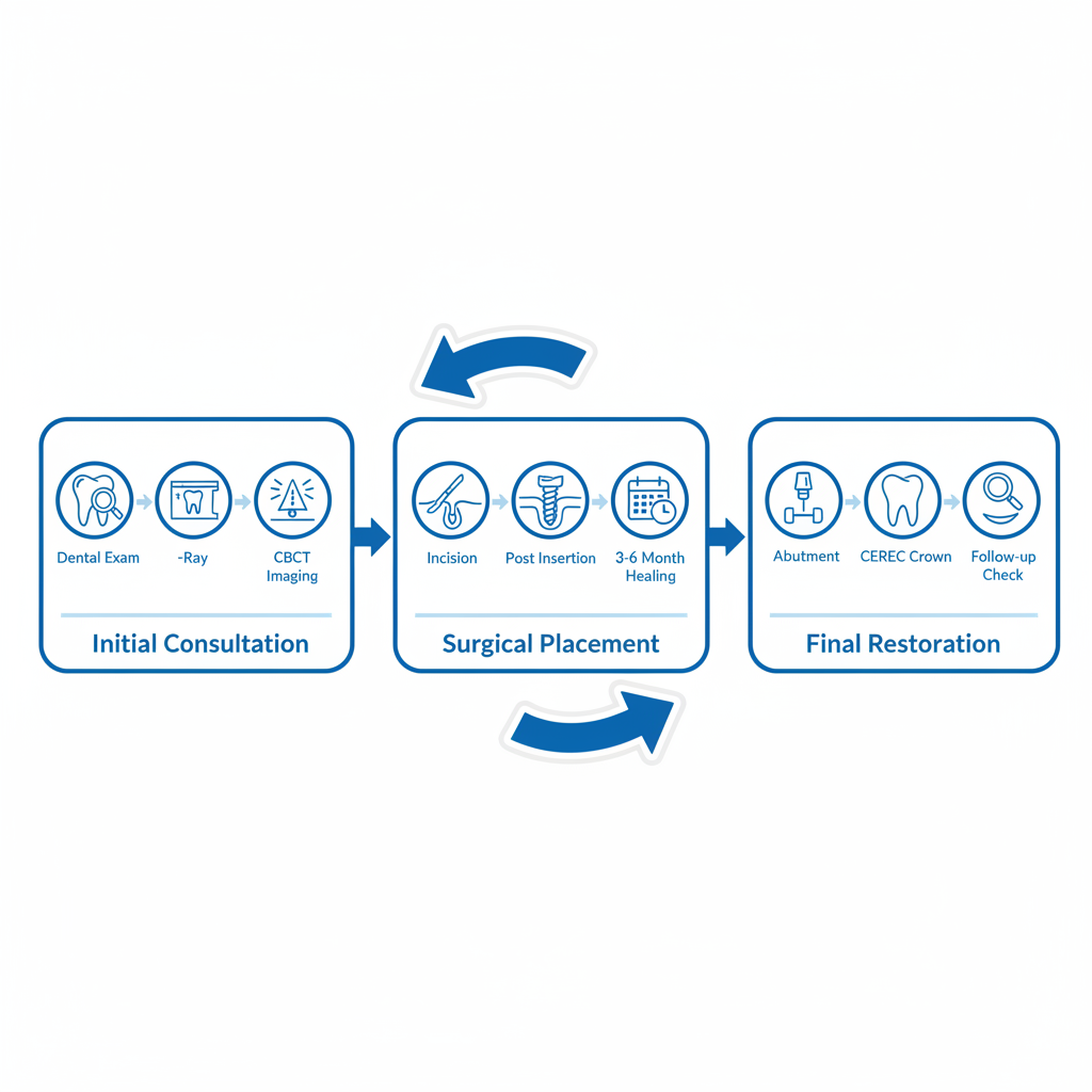 Step-by-step horizontal illustration of dental implant procedure stages: consultation, surgery, and restoration.