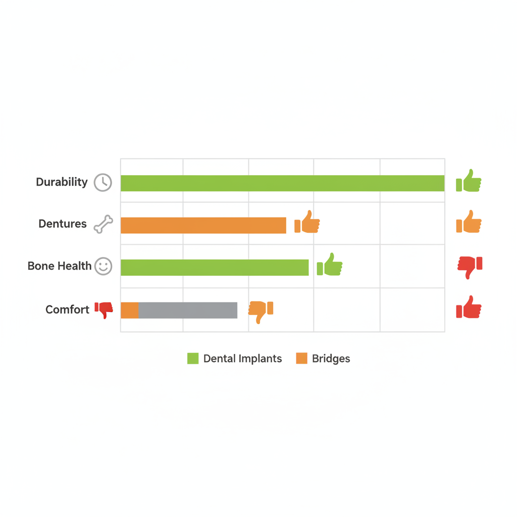 Horizontal bar chart comparing dental implants, dentures, and bridges on durability, bone health, and comfort aspects