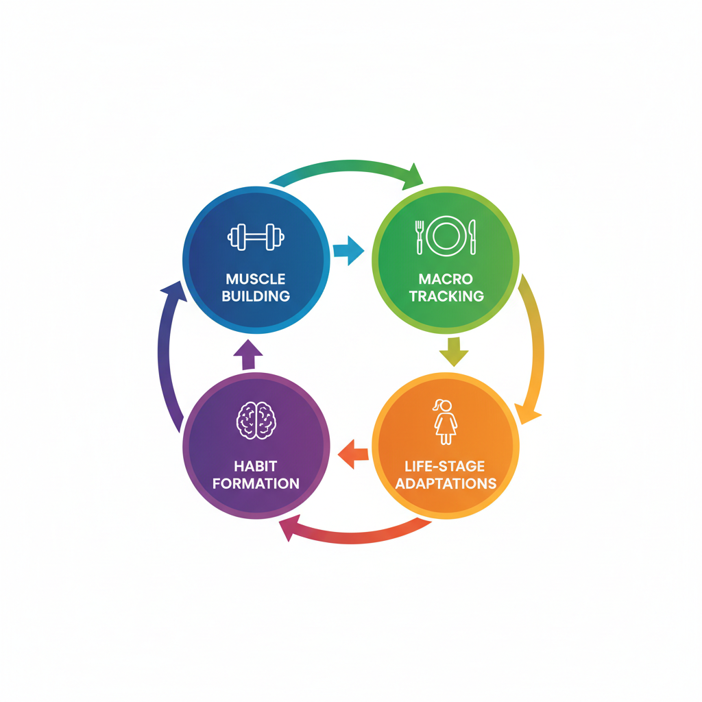 Infographic showing four key components of women's body transformation: strength training, nutrition, mindset, and customization, connected by arrows.