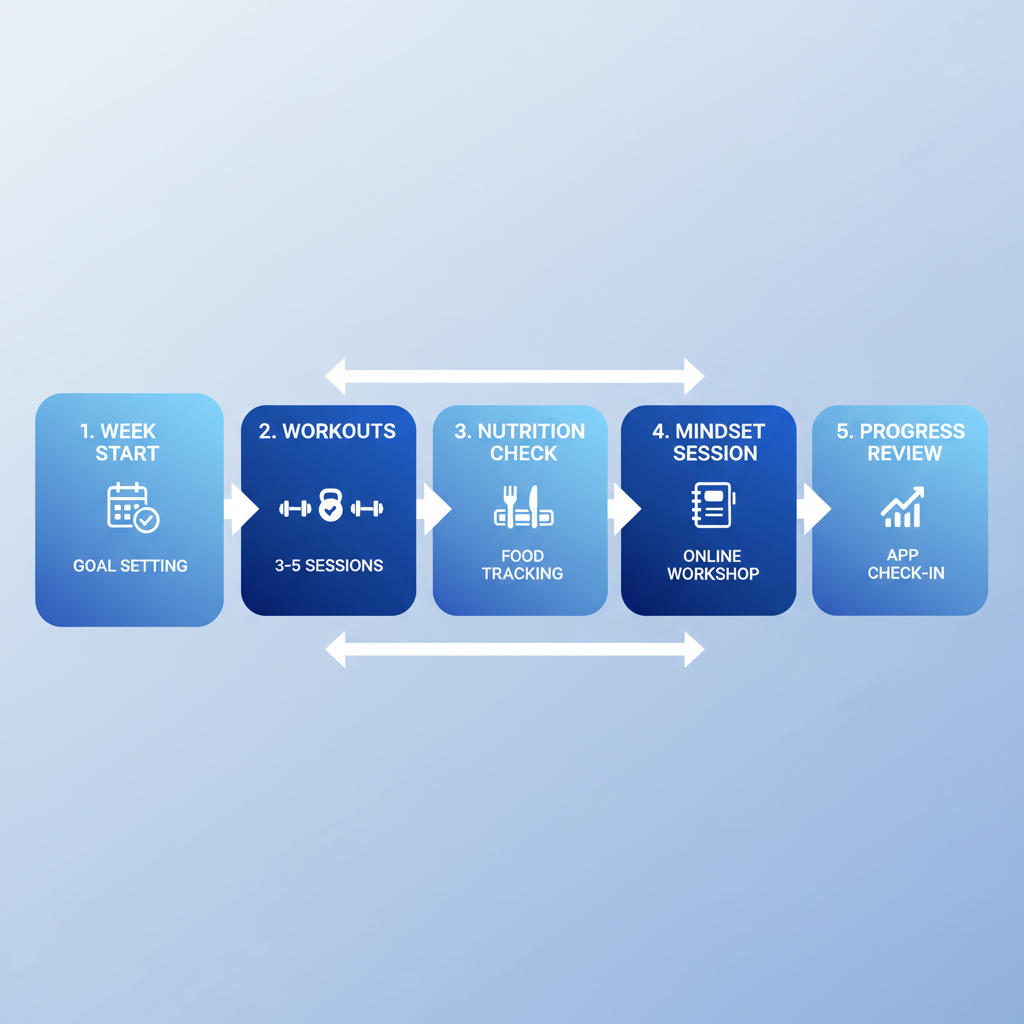 Horizontal process flow diagram illustrating five stages of a women's weekly body transformation program: week start planning, workouts, nutrition check, mindset session, and progress review, with icons and blue gradients.