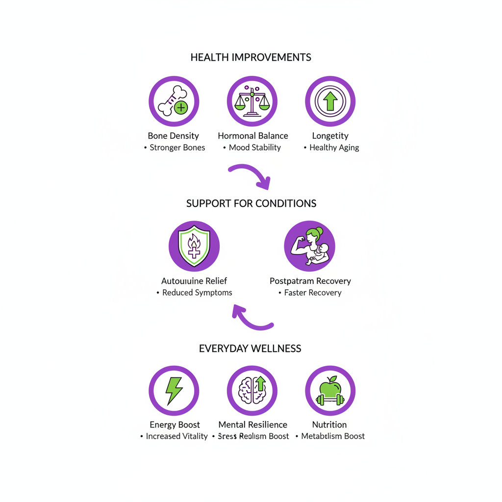 Infographic illustrating key benefits of strength training for women across health improvements, condition support, and everyday wellness with icons and minimal labels.