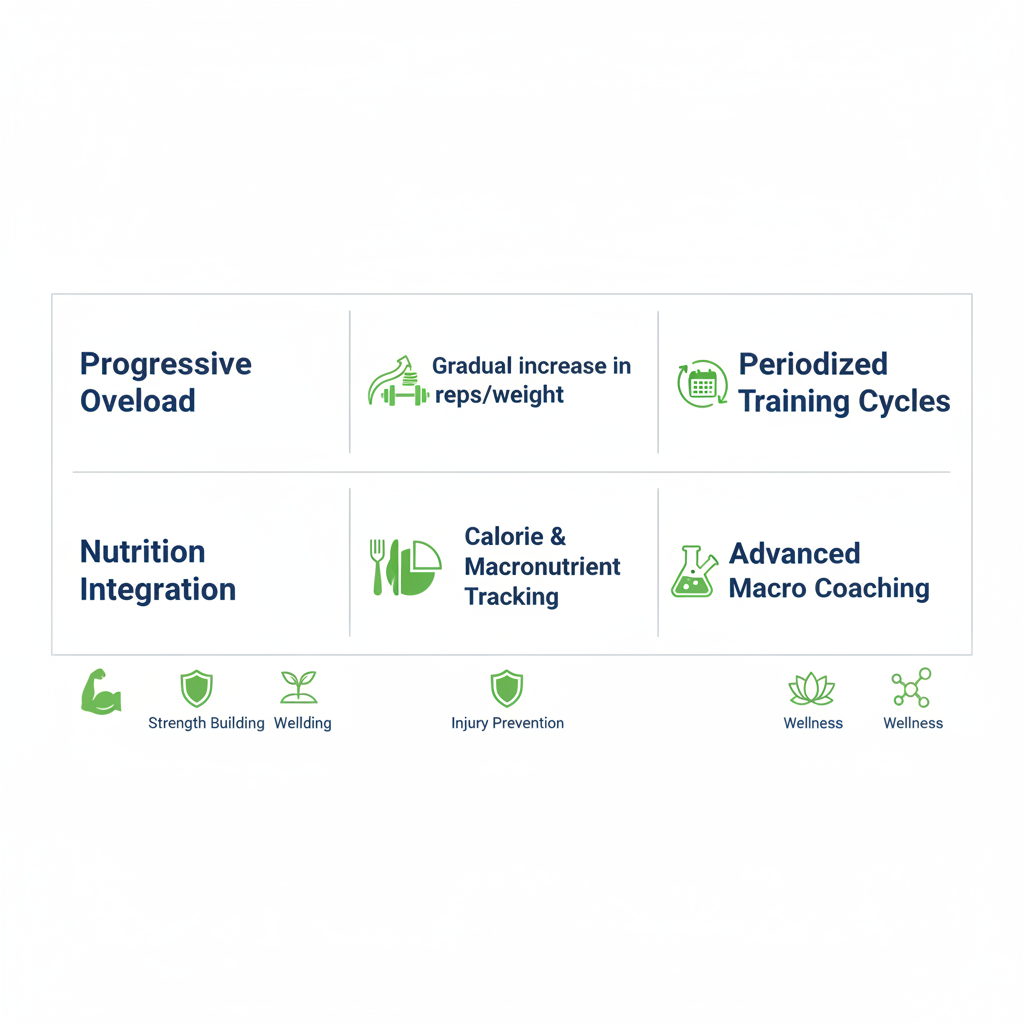 Infographic comparing basic and advanced strength training principles for women in online coaching
