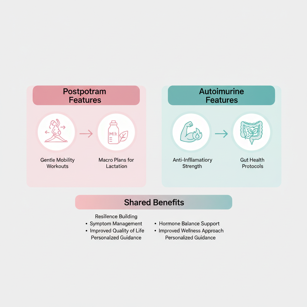 Infographic showing comparison of postpartum and autoimmune wellness programs with icons and features.