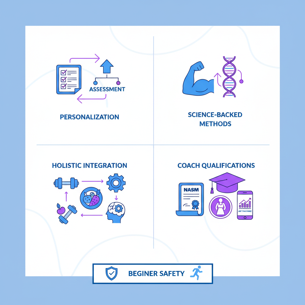 Infographic showing four core principles of women's fitness coaching: personalization, science-backed methods, holistic integration, and coach qualifications with icons and minimal labels.