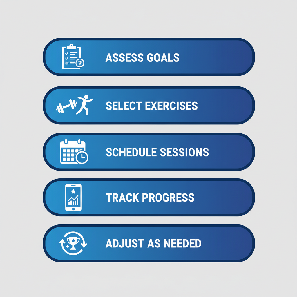 Vertical process flow diagram illustrating five stages for building a women's home fitness routine: assess goals, select exercises, schedule sessions, track progress, and adjust as needed with icons.