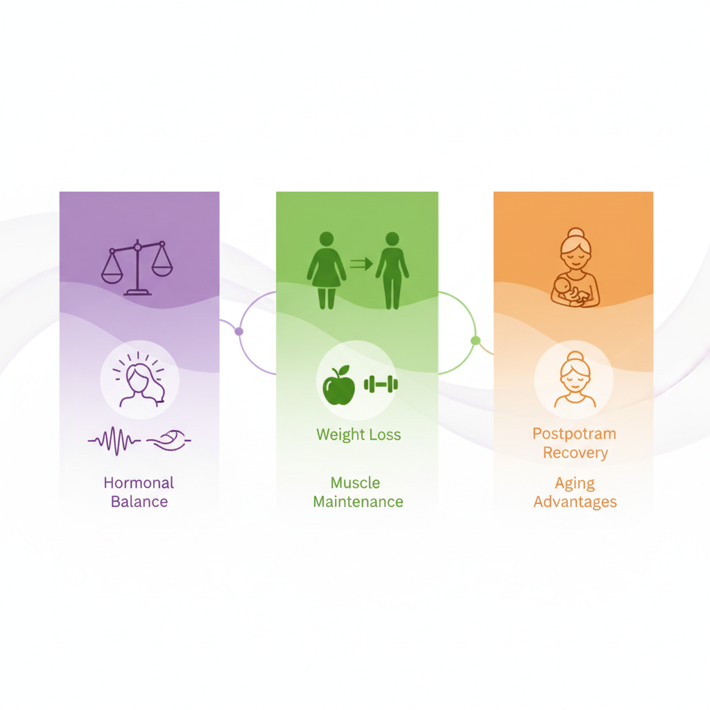 Infographic highlighting three benefits of nutrition coaching for women: hormonal balance and energy, weight loss and muscle maintenance, postpartum and aging support.