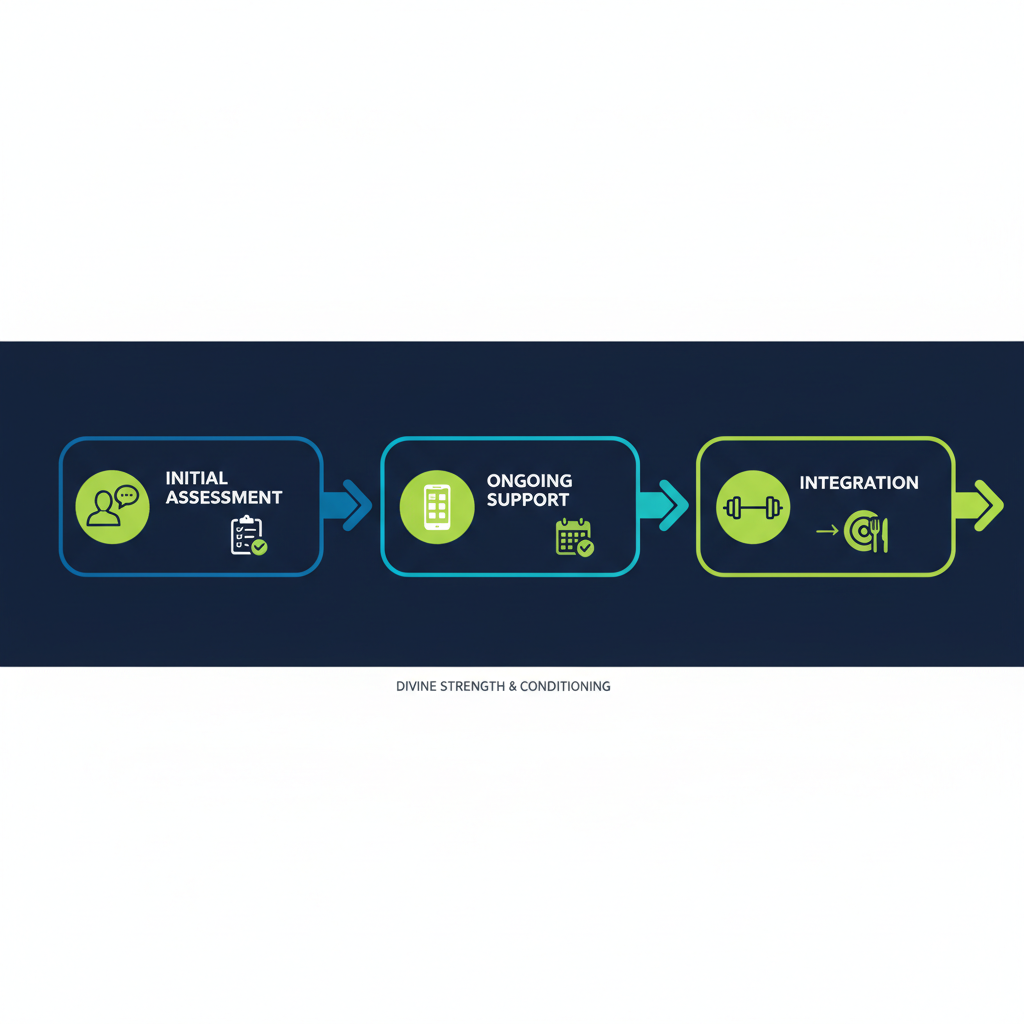 Horizontal process flow diagram showing three stages of nutrition coaching: initial assessment, ongoing support, and integration with strength and mindset.