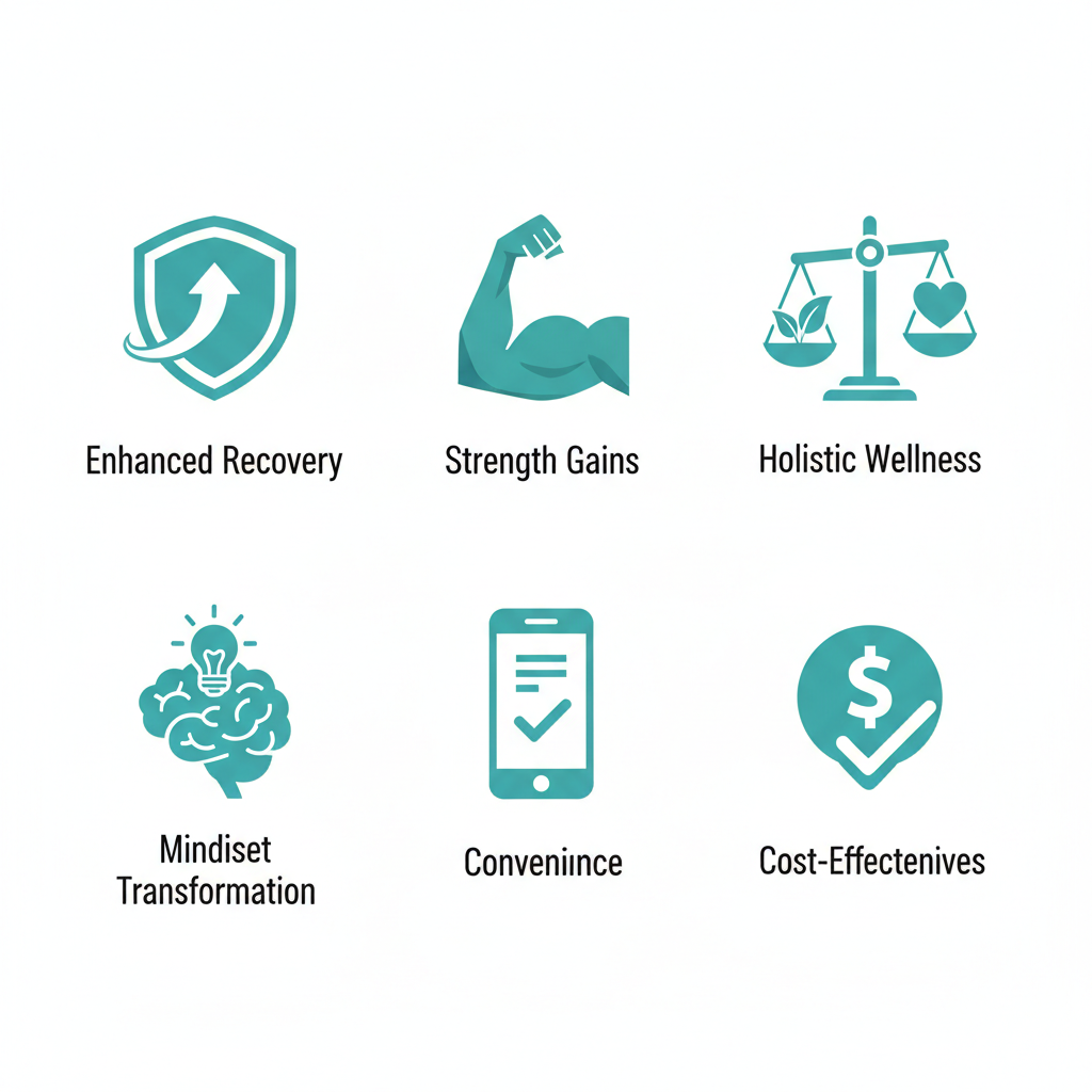 Grid of icons illustrating key benefits of women's strength coaching including recovery, gains, wellness, mindset, convenience, and cost-effectiveness.