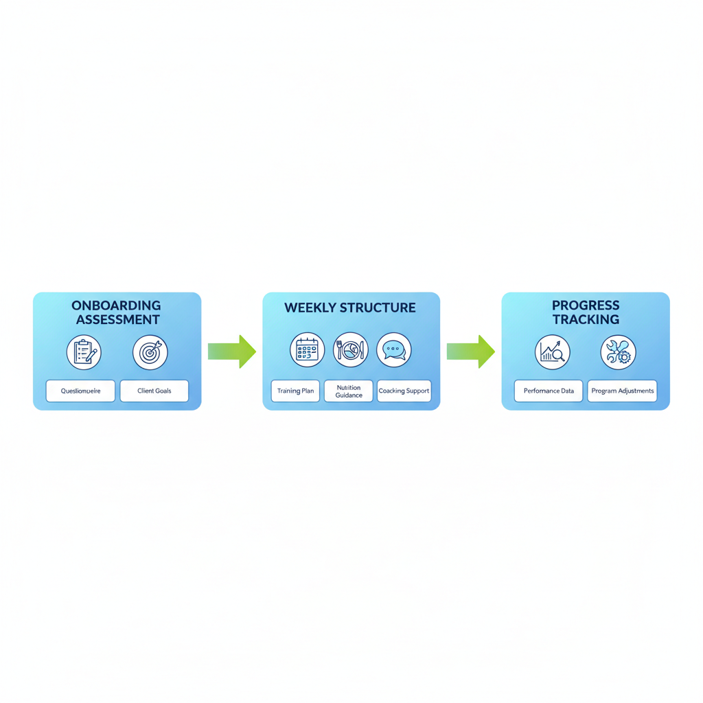 Horizontal process flow diagram illustrating the key stages of women's strength and conditioning coaching: onboarding assessment, weekly structure, and progress tracking.