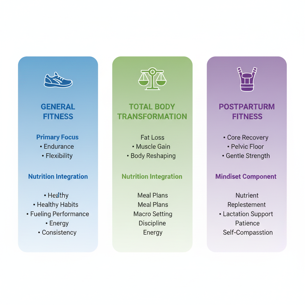 Infographic comparing three types of women's fitness coaching programs with icons and key focus areas