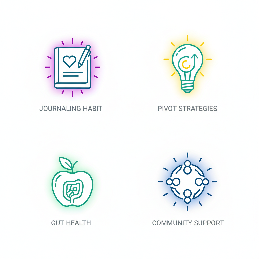 Grid of four icons illustrating ways to overcome fitness obstacles through mindset coaching: journaling notebook, positive pivot lightbulb, nutrition apple, and community group.