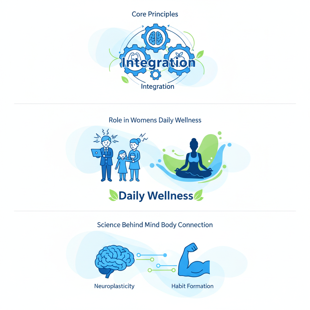 Infographic illustrating foundations of mind body fitness coaching with three sections on principles, wellness role, and science.