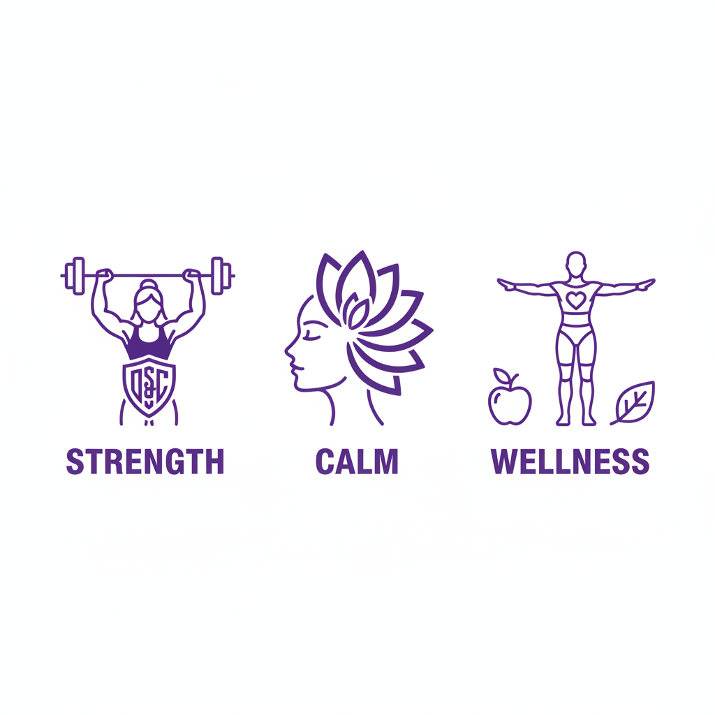Three icons showing benefits of mind body fitness coaching: enhanced strength, mental transformation, and holistic health for women.