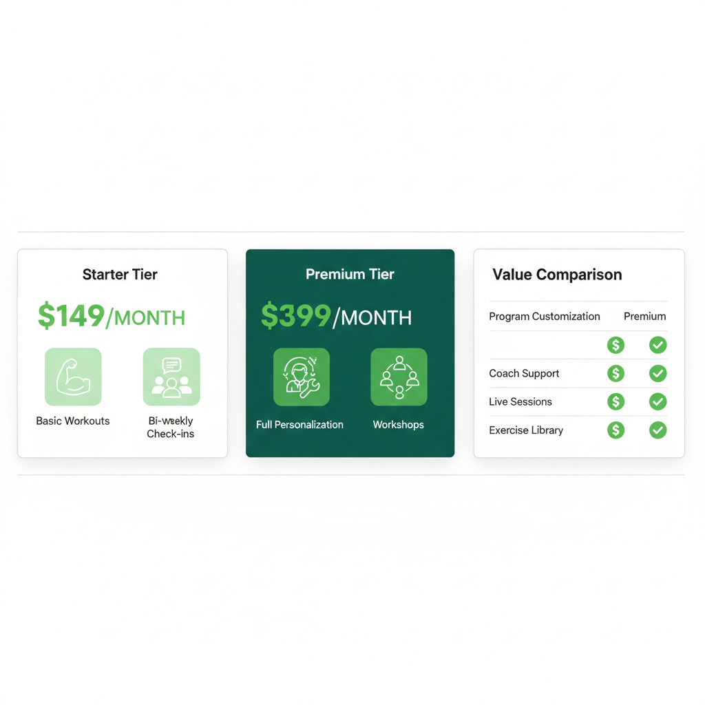 Infographic illustrating pricing tiers and value comparison for postpartum women's strength training programs