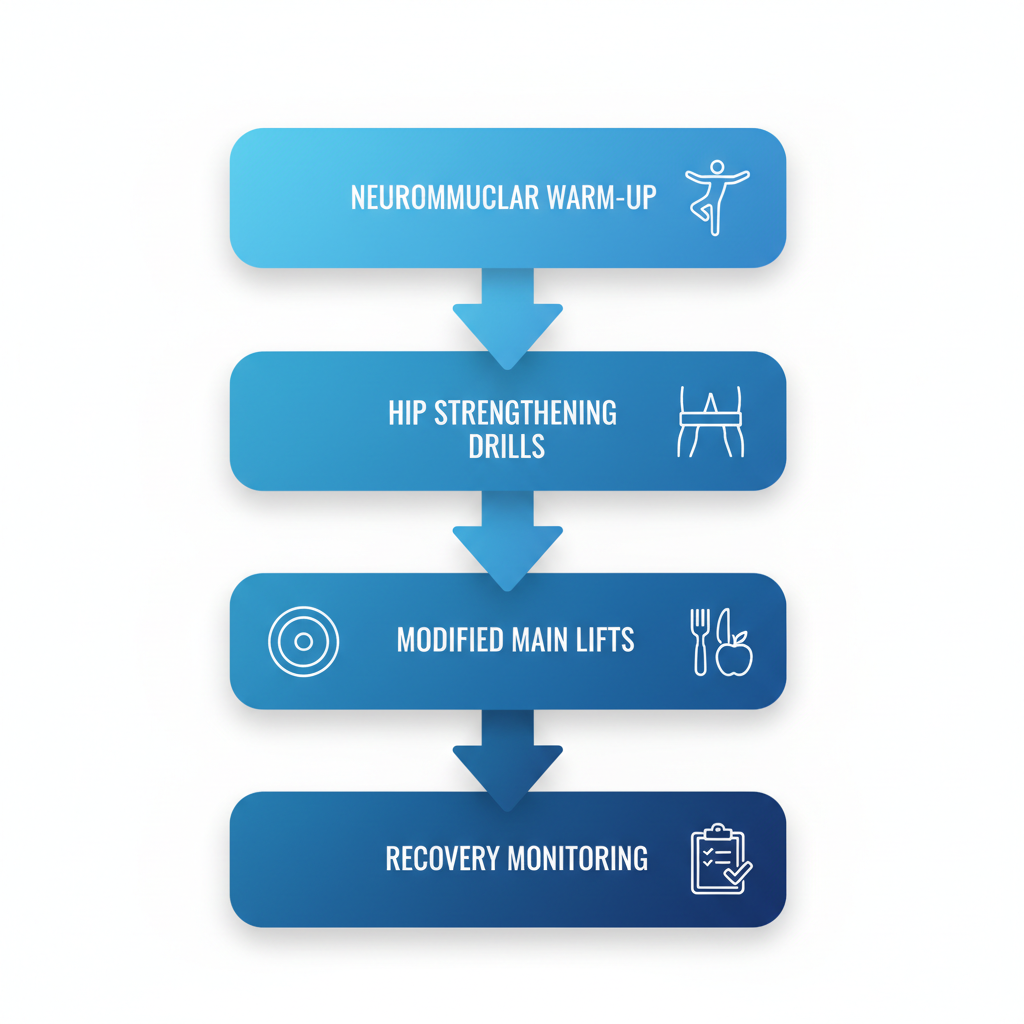 Vertical flowchart depicting five stages of injury prevention integrated into women's strength training routines, including warm-up, drills, lifts, nutrition, and recovery monitoring.