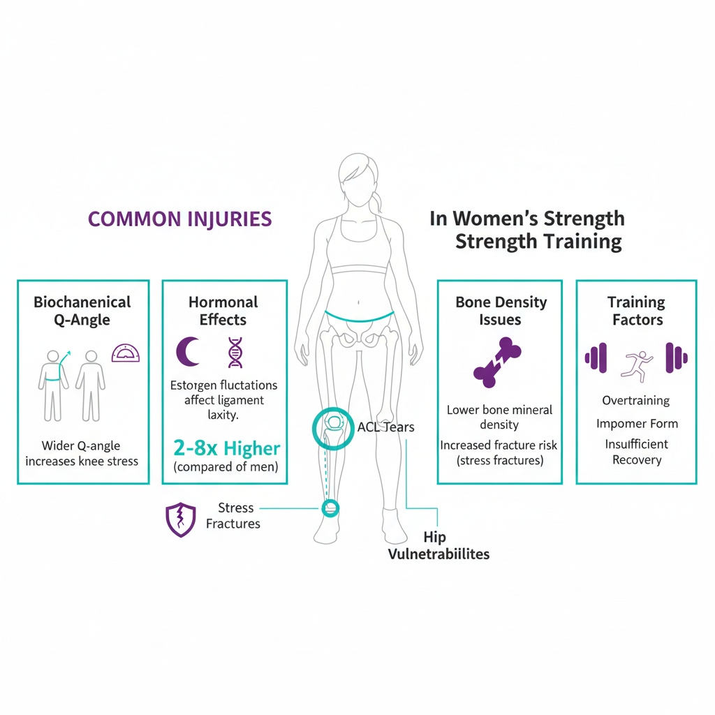Infographic illustrating common women's fitness injuries, anatomy diagram with causes and statistics