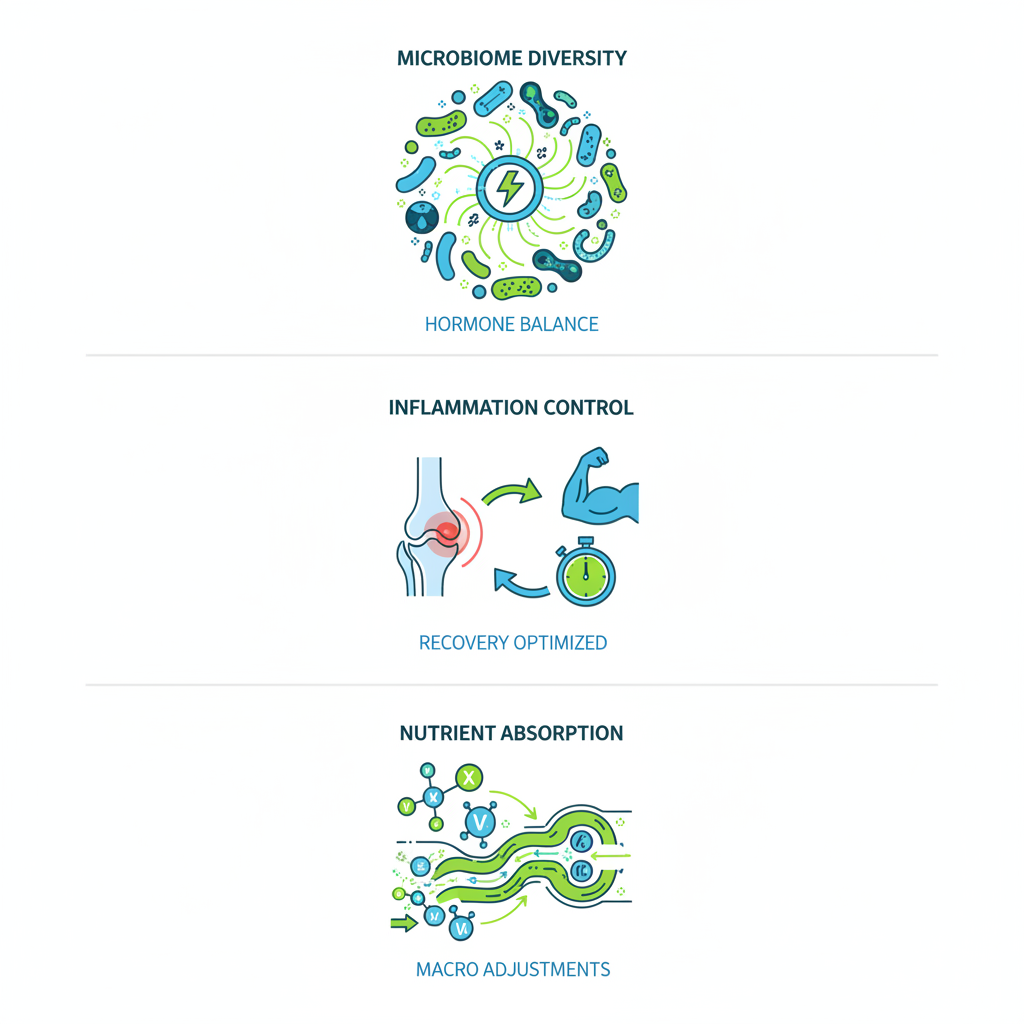 Infographic showing three principles of gut health for women's fitness: microbiome diversity, inflammation control, and nutrient absorption with icons and benefits.