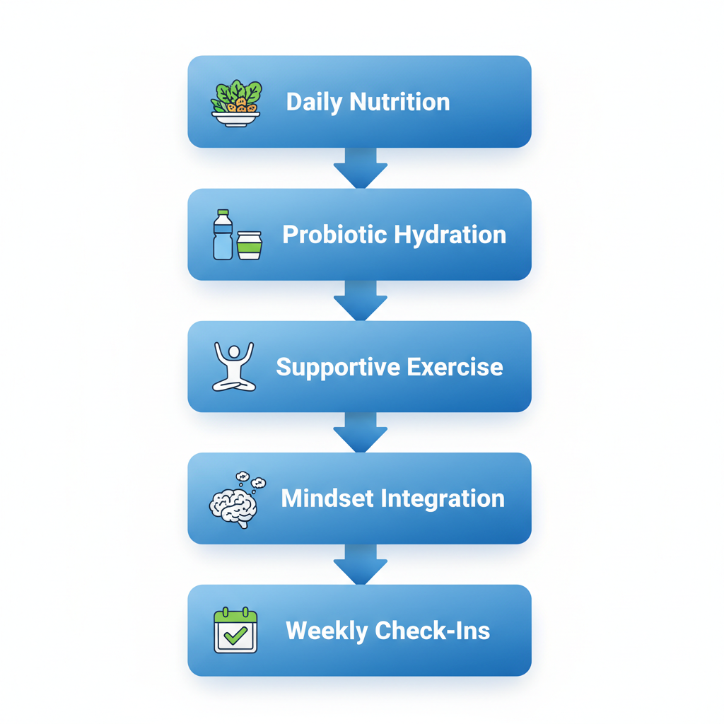 Vertical process flow diagram illustrating five steps for gut-optimized fitness: daily nutrition, probiotic intake, exercise routines, mindset, and weekly check-ins.