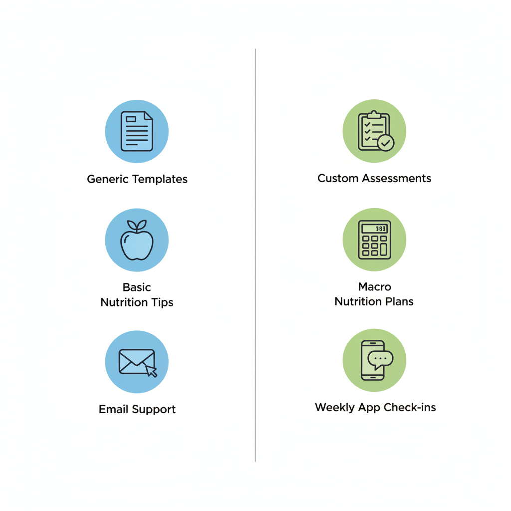 Infographic showing comparison of basic and advanced women's online strength training programs with icons and short labels