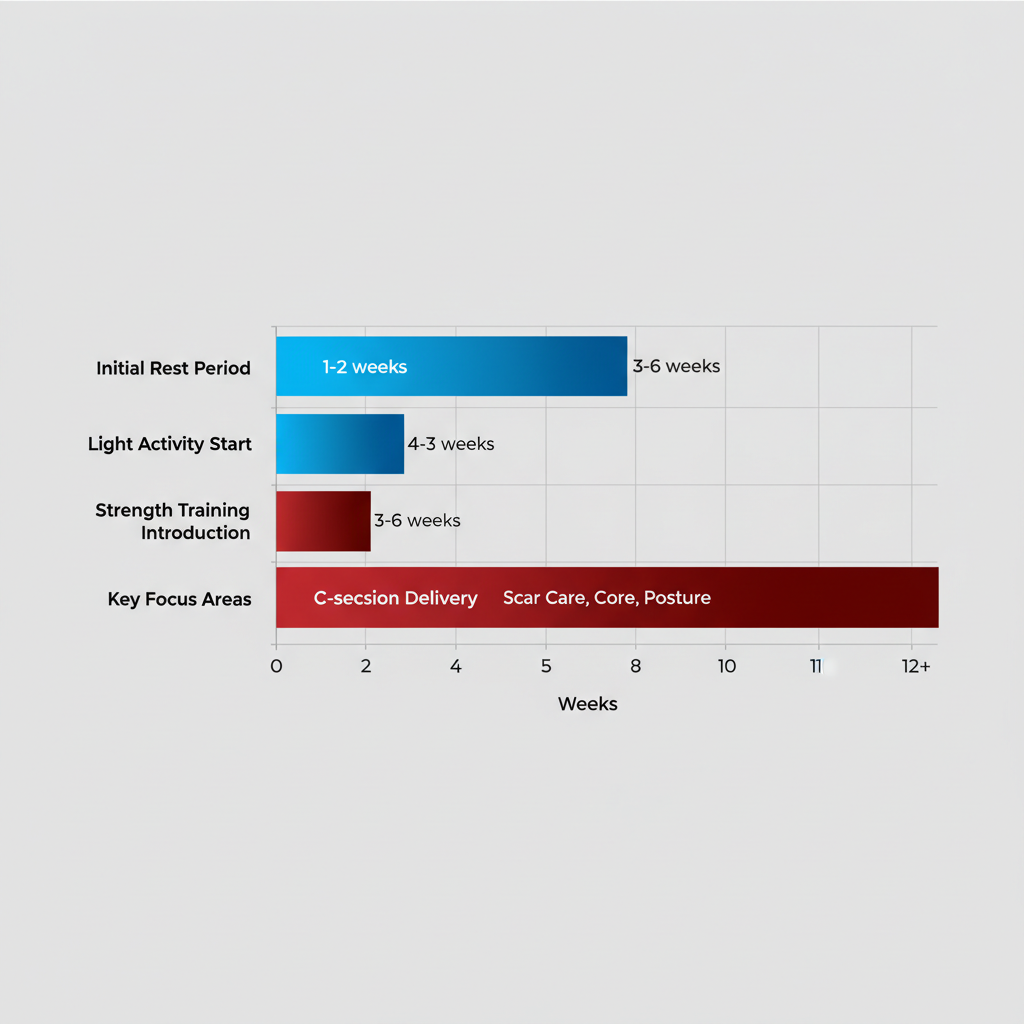 Horizontal bar chart comparing postpartum recovery timelines for vaginal birth and C-section delivery, highlighting rest periods, activity starts, strength training introduction, and key focus areas.