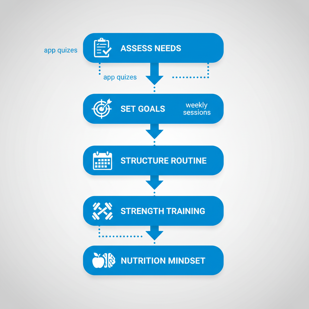 Vertical process flow diagram illustrating five stages to build a personalized postpartum workout plan: assessing needs, setting goals, structuring weekly routine, incorporating strength training, and integrating nutrition and mindset.