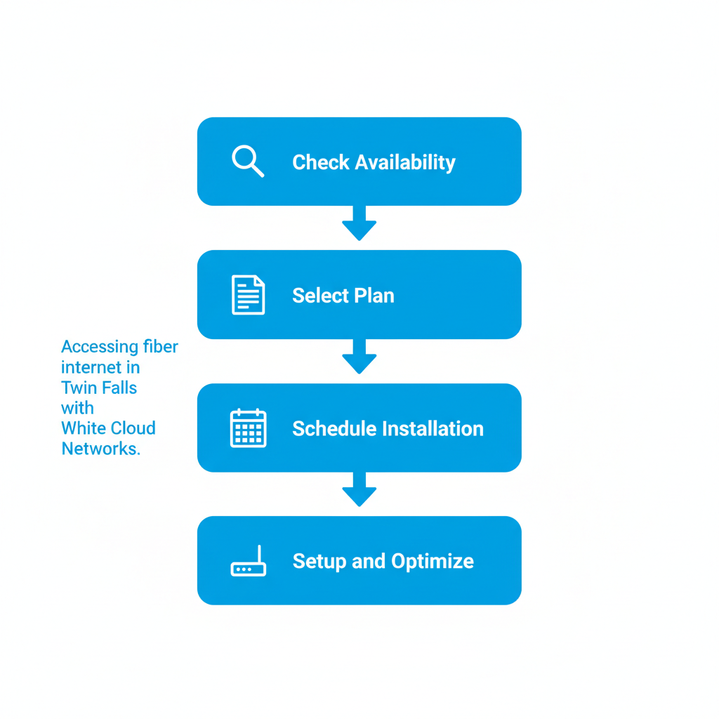 Vertical process flow diagram illustrating four steps to access fiber internet in Twin Falls: check availability, select plan, schedule installation, and setup optimization with icons.