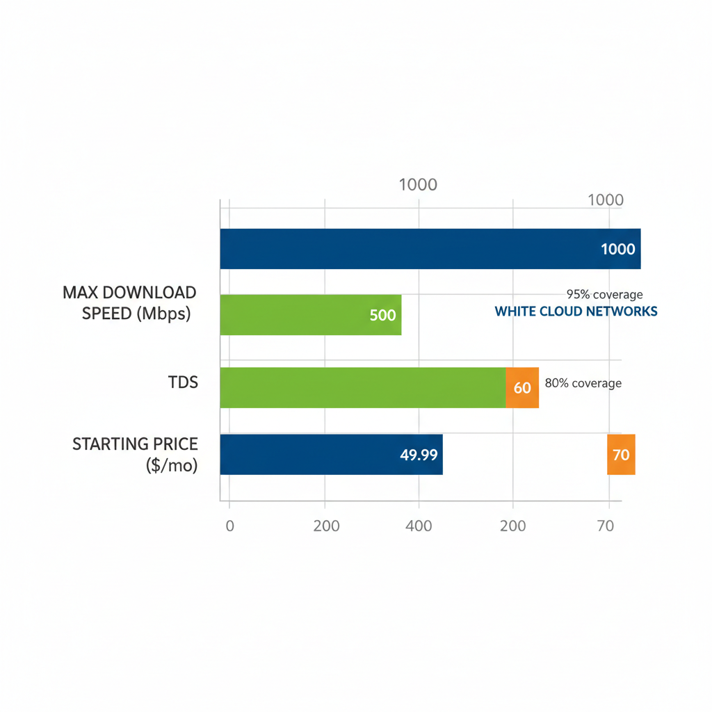 Horizontal bar chart comparing internet providers in Twin Falls by maximum download speeds and starting prices with coverage notes.