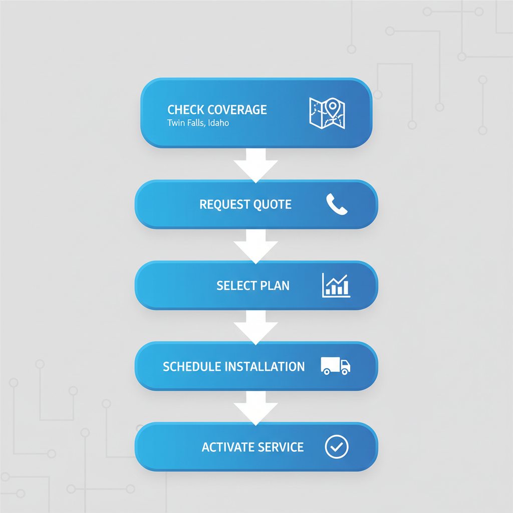 Vertical process flow illustrating five steps to get started with internet services in Twin Falls