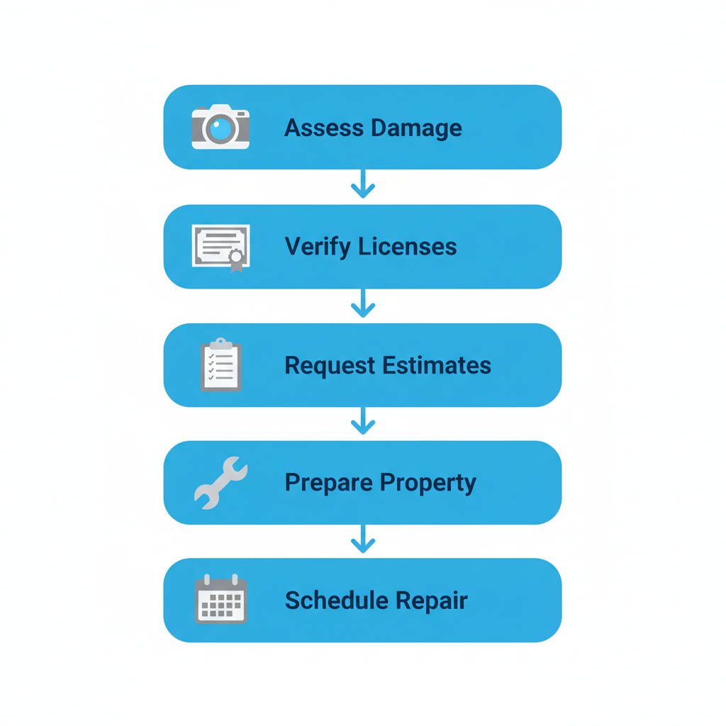 Vertical process flow diagram illustrating five steps to initiate roof repair in San Francisco, featuring icons for assessment, verification, estimation, preparation, and scheduling.