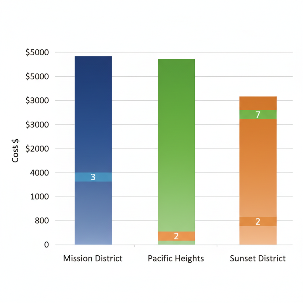 Bar chart comparing average roof repair costs and timelines across San Francisco neighborhoods: Mission District, Pacific Heights, and Sunset District.