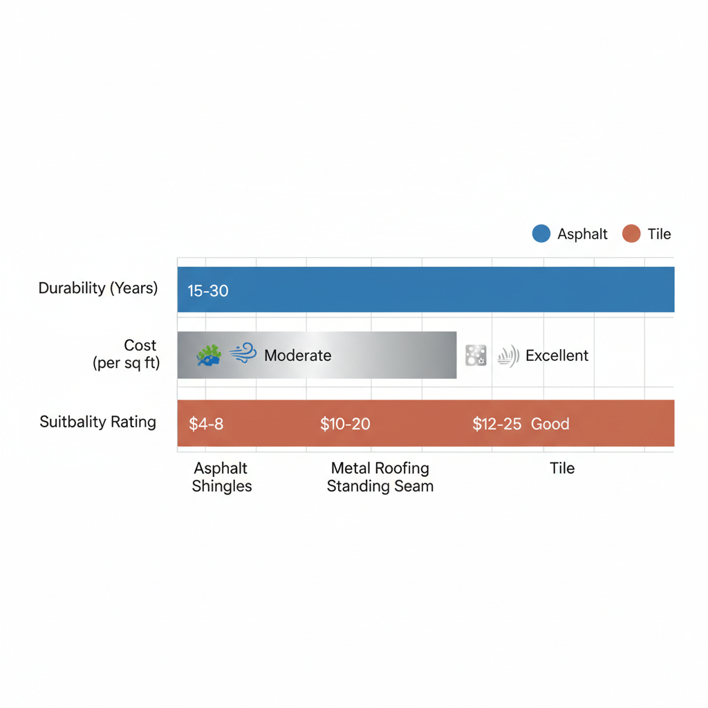 Horizontal bar chart comparing durability, cost, and suitability of asphalt shingles, metal roofing standing seam, and tile roofs for San Francisco's climate with relevant icons.