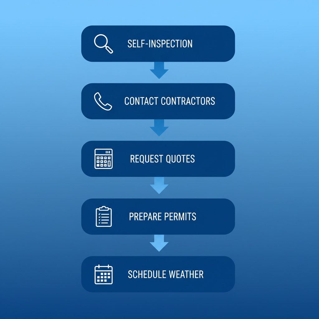 Vertical process flow diagram illustrating five steps to initiate a roof replacement project with icons and brief labels.