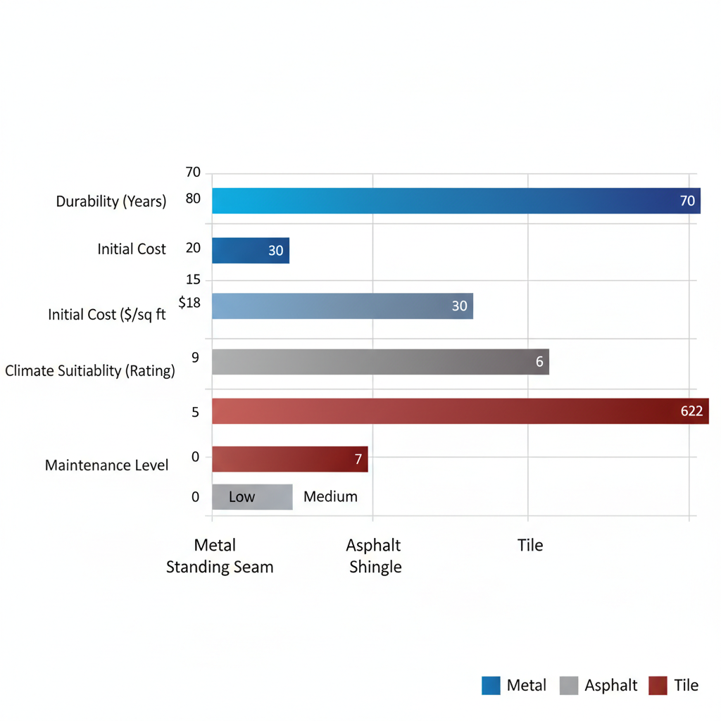 Horizontal bar chart comparing durability, cost, climate suitability, and maintenance of metal, asphalt shingle, and tile roofing materials for San Francisco.