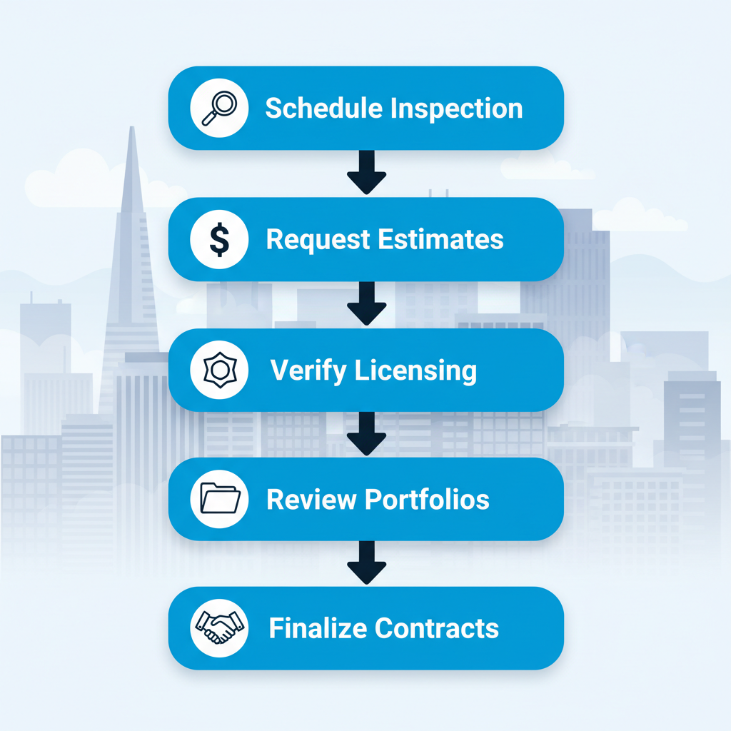 Vertical process flow diagram showing five steps to start a roofing project: schedule inspection, request estimates, verify licensing, review portfolios, finalize contracts.