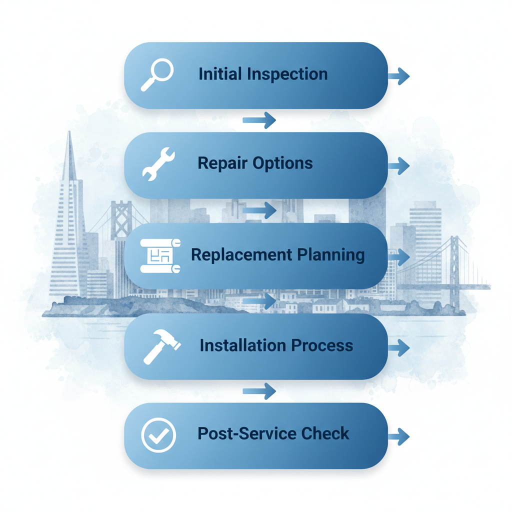 Accessibility description of a vertical process flow diagram for commercial roofing services in San Francisco, featuring five stages: initial inspection, repair options, replacement planning, installation process, and post-service check, with icons and blue gradients.