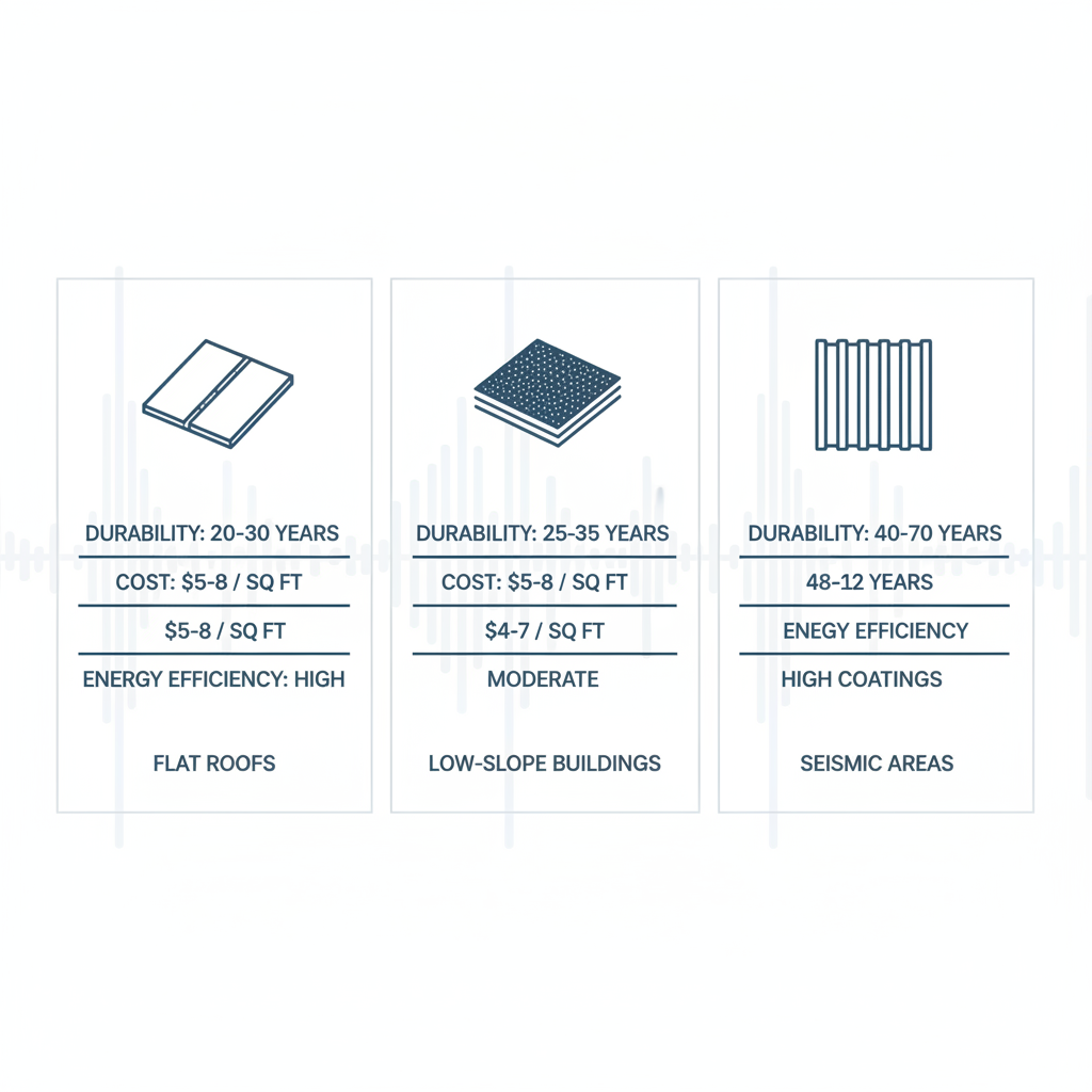 Infographic comparing TPO, EPDM, and metal standing seam roofing materials with durability, cost, and efficiency metrics for San Francisco commercial buildings.