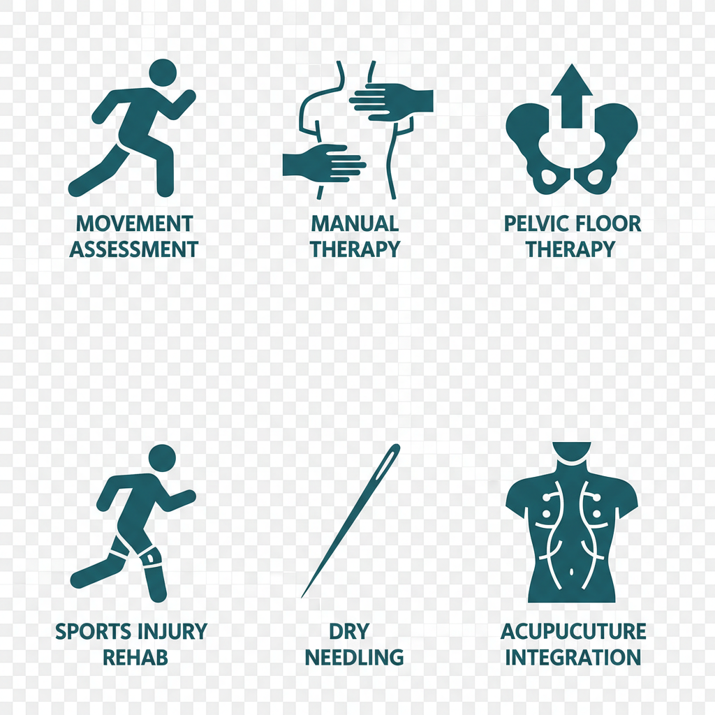 Icon set depicting six key physiotherapy services