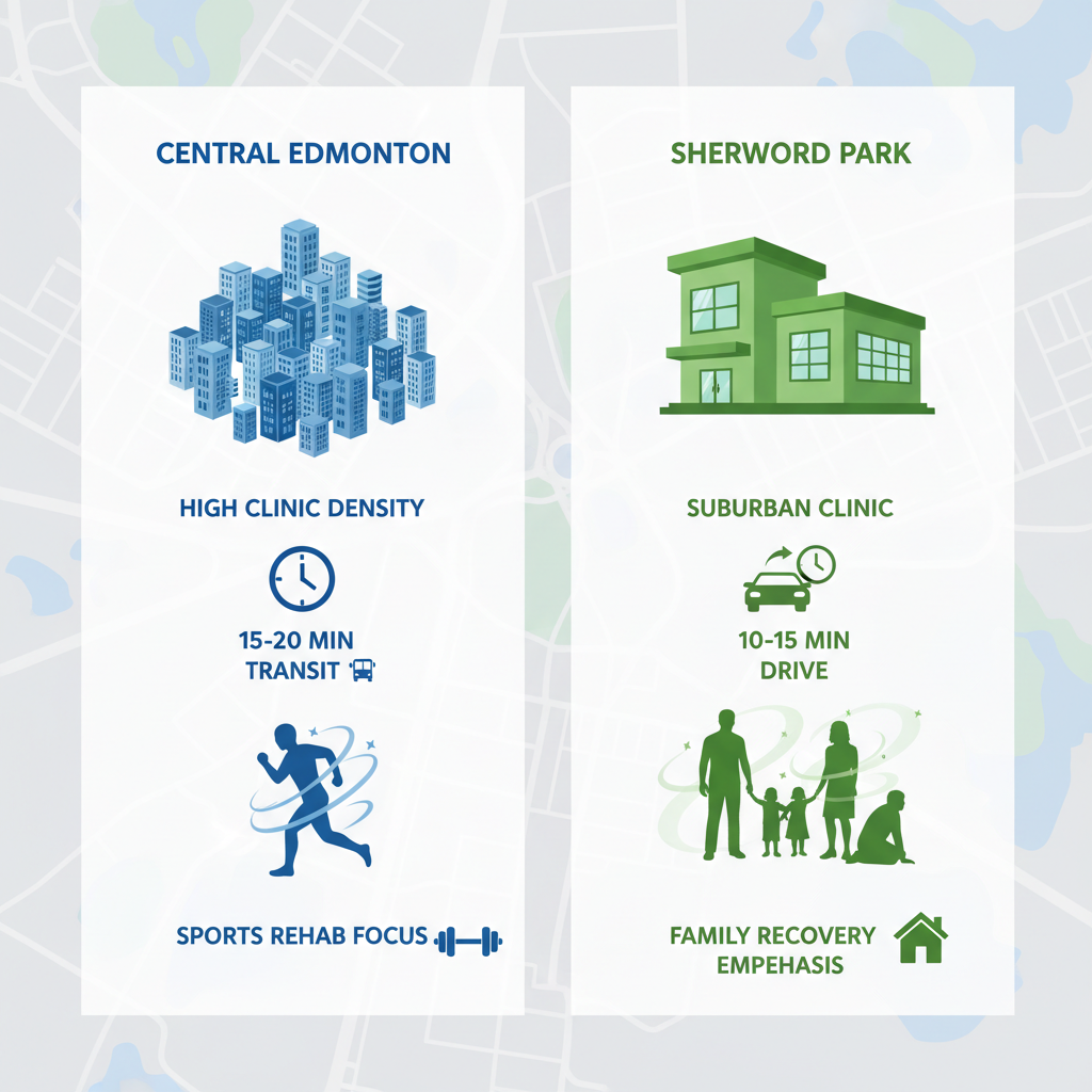 Infographic comparing physiotherapy access in central Edmonton and Sherwood Park