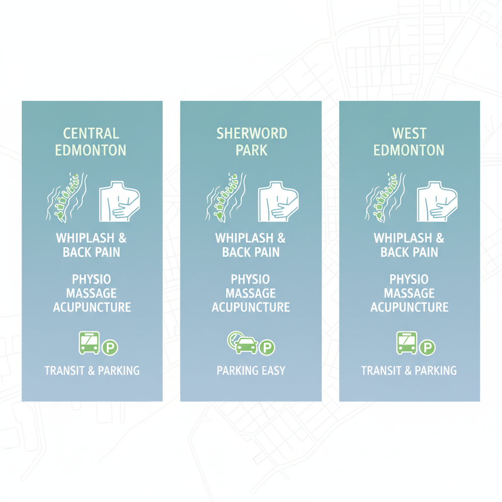 Infographic showing car accident recovery services in Edmonton neighborhoods with icons for injuries, treatments, and access.