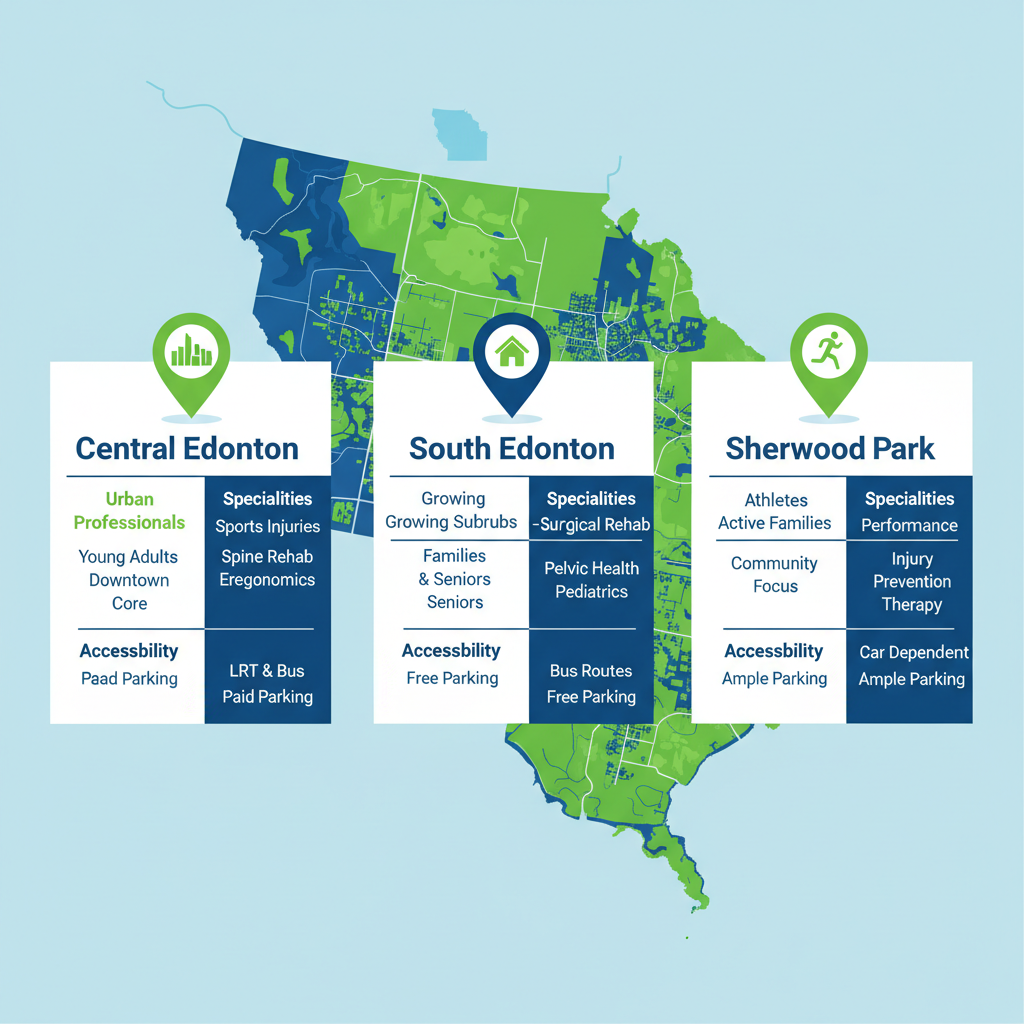 Infographic showing physiotherapy access in Edmonton areas: Central, South, and Sherwood Park, with population, specialties, and accessibility details.