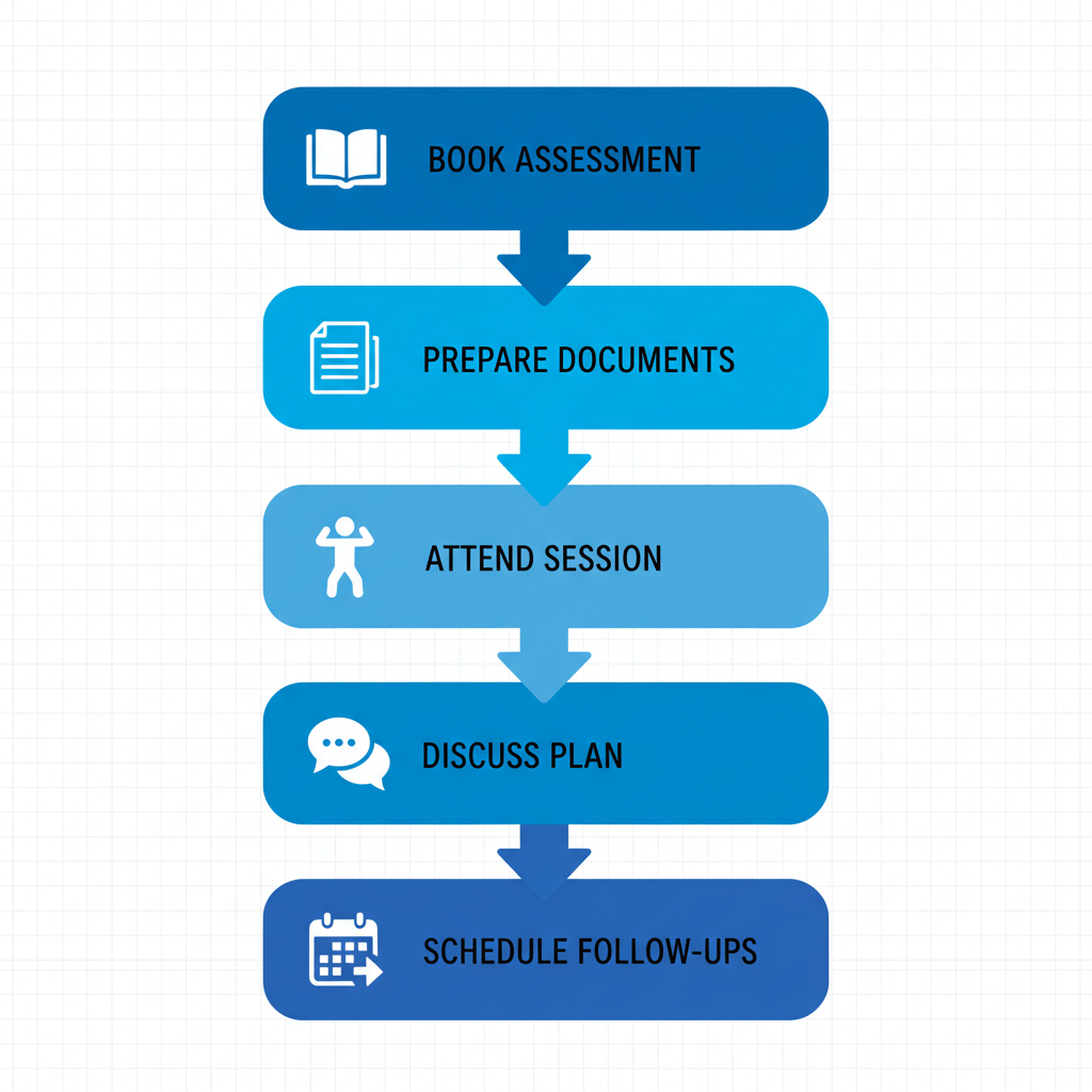 Vertical process flow diagram illustrating the five key steps to start physiotherapy treatment at a clinic in Edmonton.