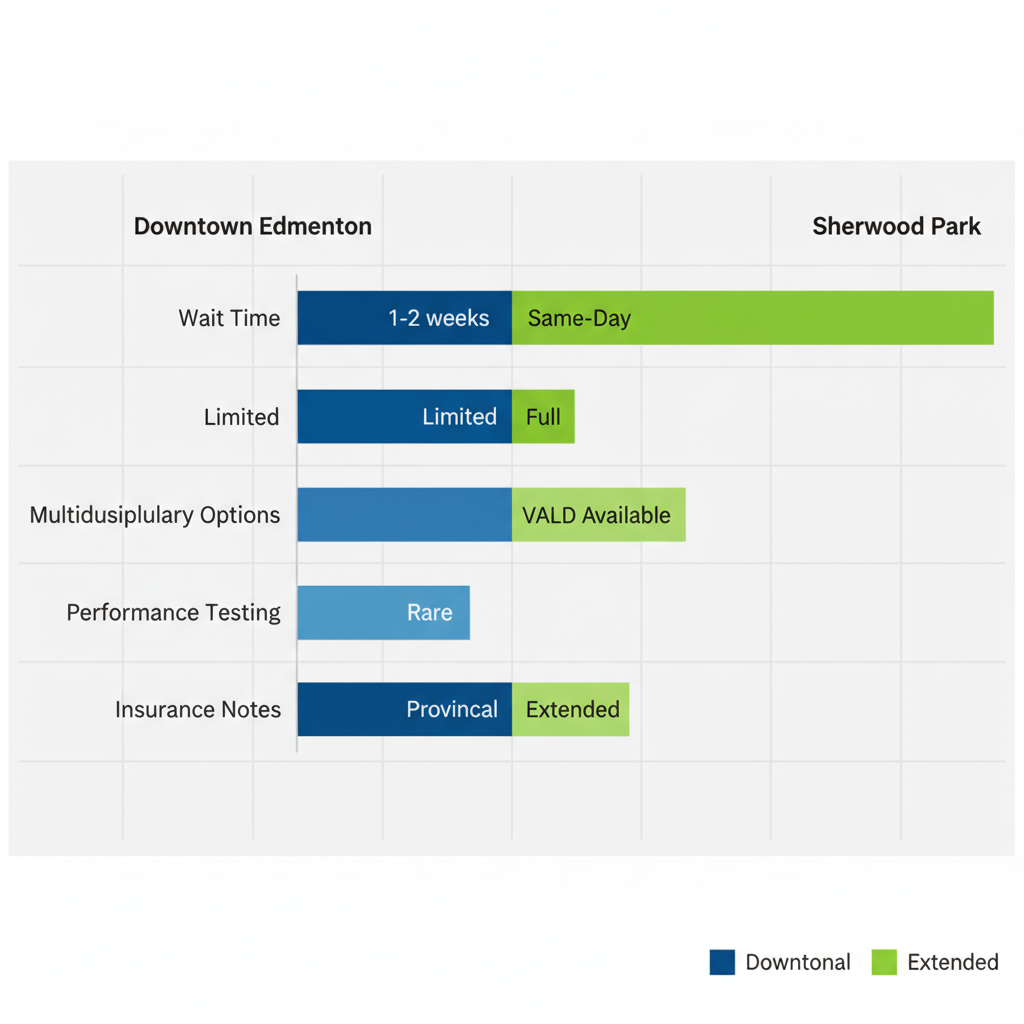 Horizontal bar chart comparing sports physiotherapy access metrics between Downtown Edmonton and Sherwood Park neighborhoods